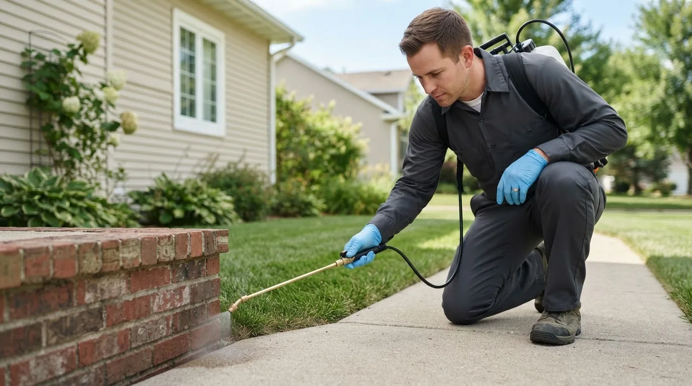 Pest control technician treating a home near Harwood Heights, IL